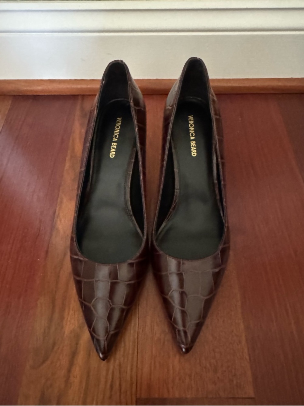 Veronica Beard Dark Red Croc-Embossed Pointed Pumps